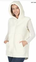 Ivory hooded zip up fleece vest with pockets AO