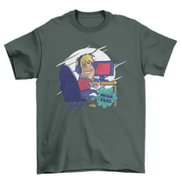 Cartoon Man playing computer game with caption Mega fuze t-shirt AO