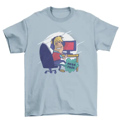 Cartoon Man playing computer game with caption Mega fuze t-shirt AO