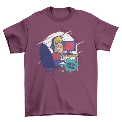 Cartoon Man playing computer game with caption Mega fuze t-shirt AO