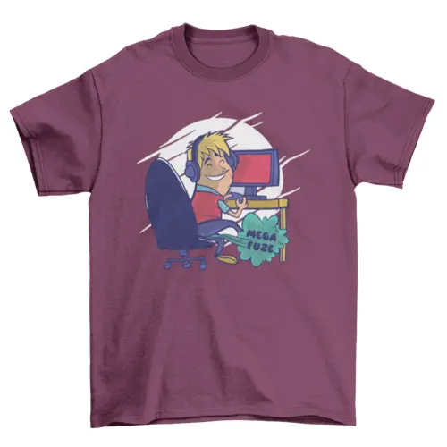 Cartoon Man playing computer game with caption Mega fuze t-shirt AO