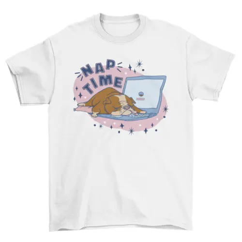 Nap time bulldog sleeping on laptop computer keyboard t-shirt AO