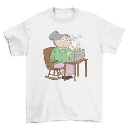 Old woman with laptop computer t-shirt AO