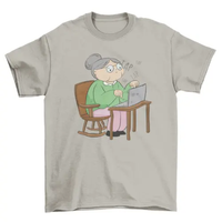 Old woman with laptop computer t-shirt AO