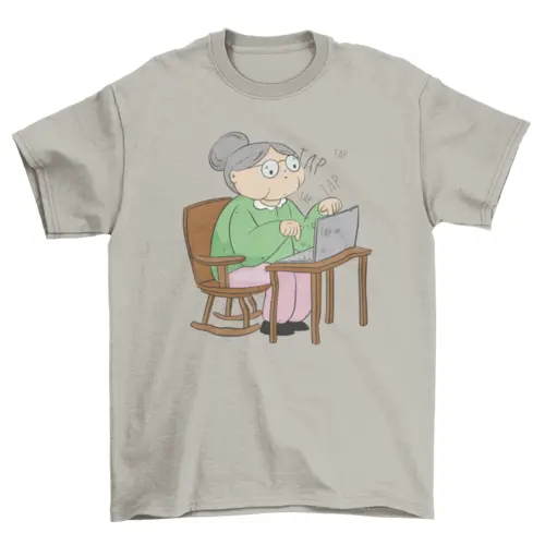 Old woman with laptop computer t-shirt AO