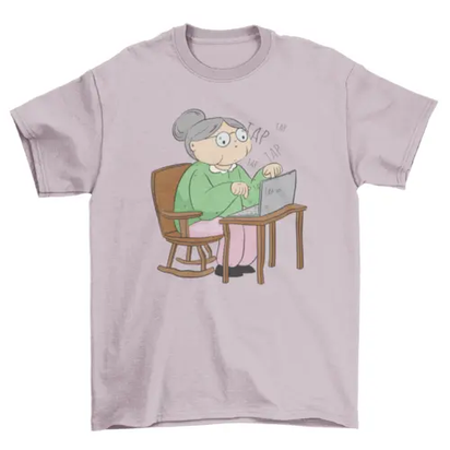Old woman with laptop computer t-shirt AO