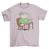 Old woman with laptop computer t-shirt AO