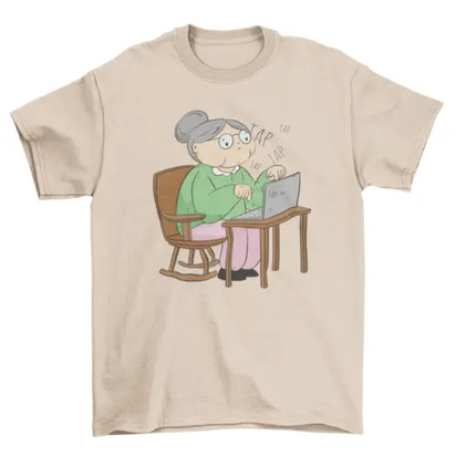 Old woman with laptop computer t-shirt AO