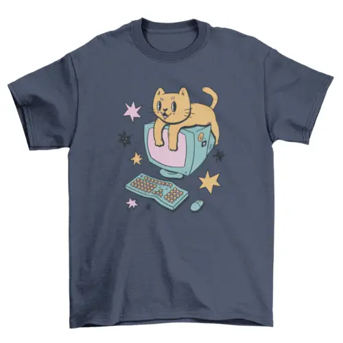 Computer cat cartoon t-shirt AO