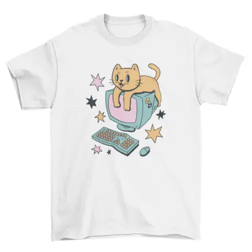 Computer cat cartoon t-shirt AO