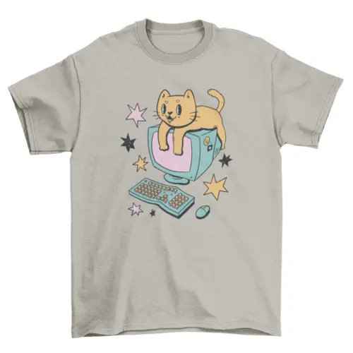 Computer cat cartoon t-shirt AO