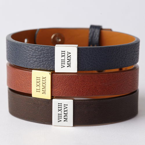 Custom Leather Bracelet Roman Numerals, Valentine Gifts for Boyfriend AO