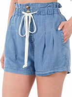 Chambray drawstring ruffle waist short AO
