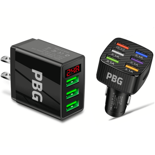 PBG 3 Port LED Voltage Wall Charger and 6 Port Car Charger Black/Black AO